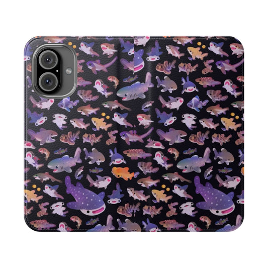 Shark-themed phone case with a dynamic design featuring various shark species.