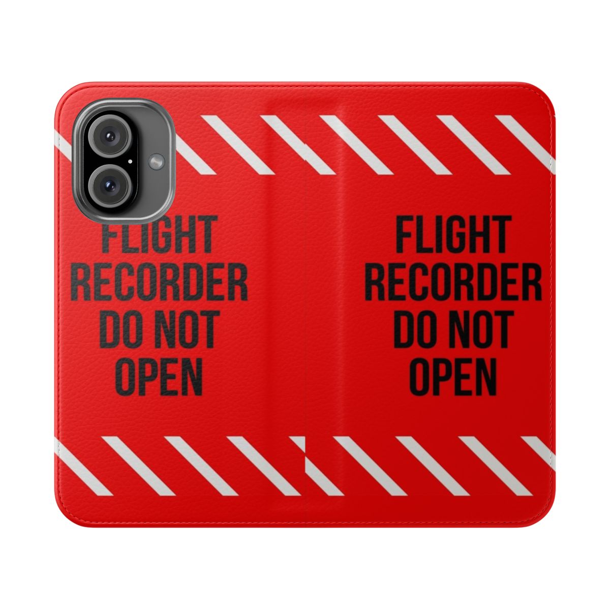 Flip cover phone case with an aviation-inspired "Flight Recorder" design