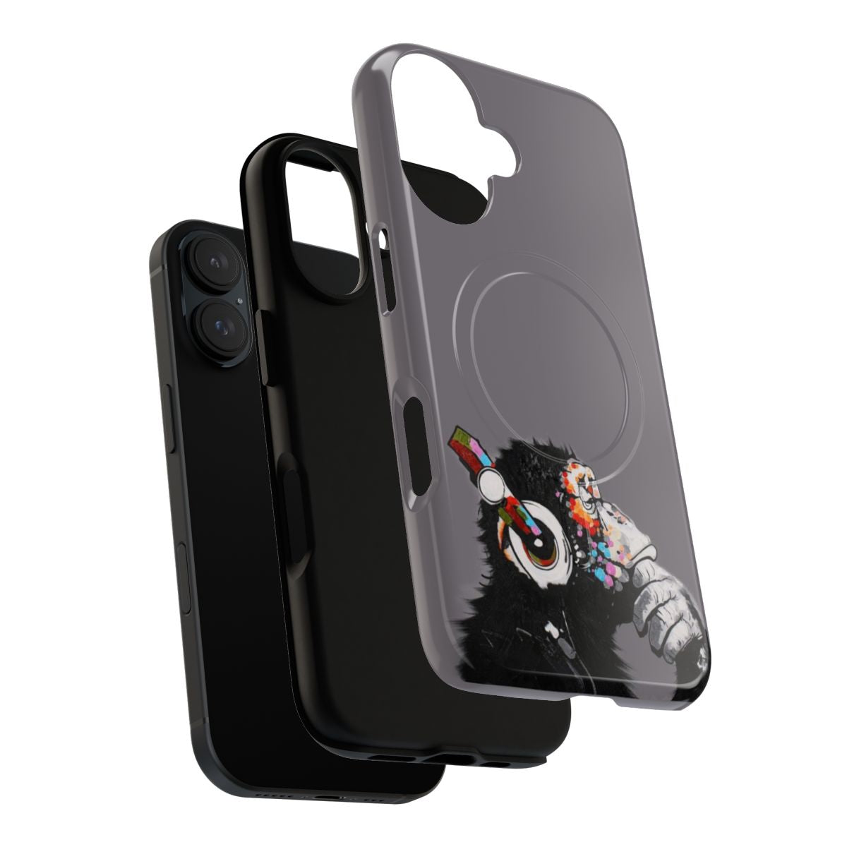 Colorful urban art phone case featuring a chimpanzee in a thoughtful pose, inspired by Banksy's iconic street art. - Layers