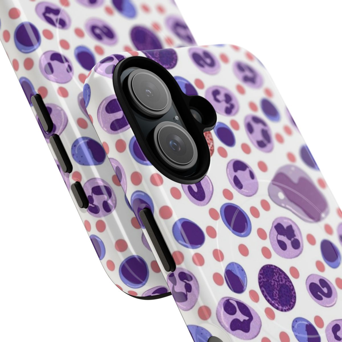 A phone case featuring a pattern of large white blood cells, perfect for medical laboratory science professionals. - Detail