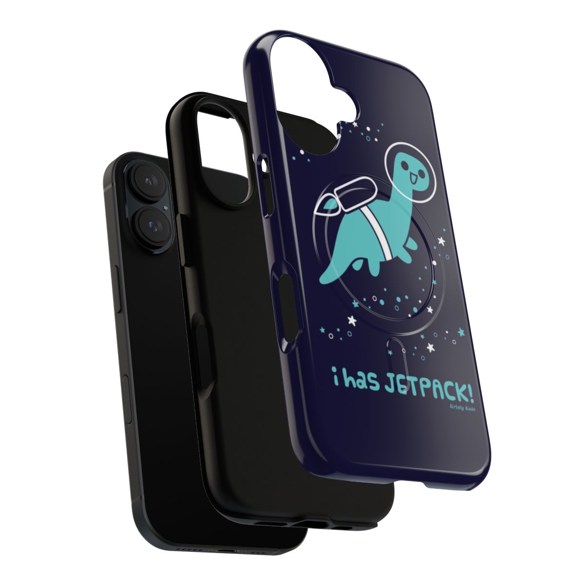 Teal phone case featuring a cute flying dinosaur in a space setting with stars and planets. - Layers