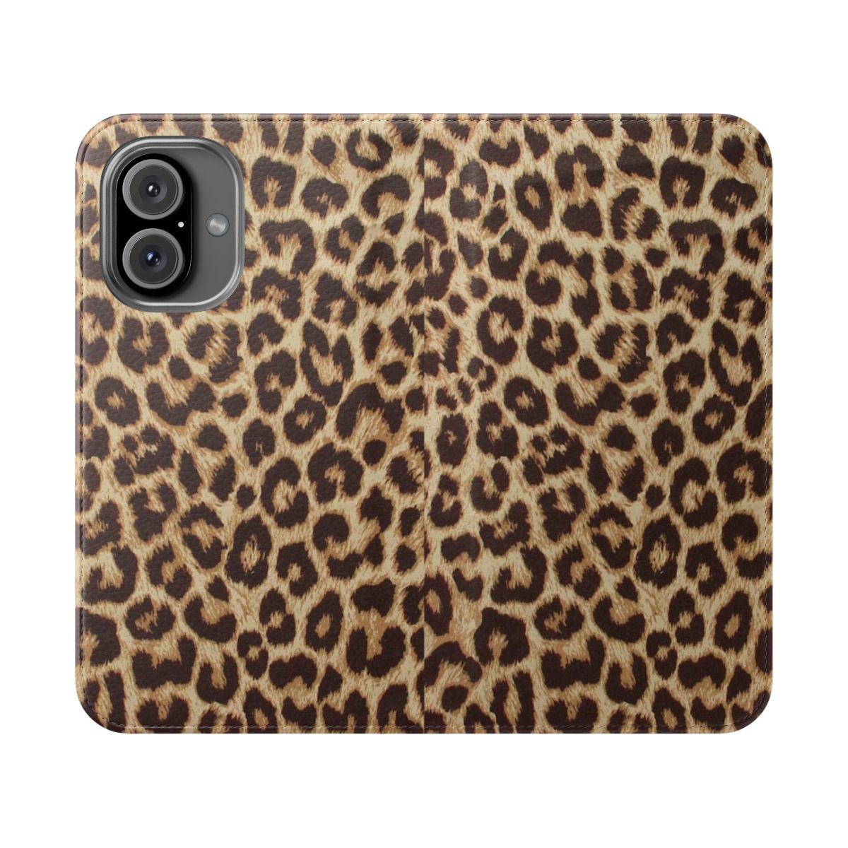 Closeup image of a leopard print phone case