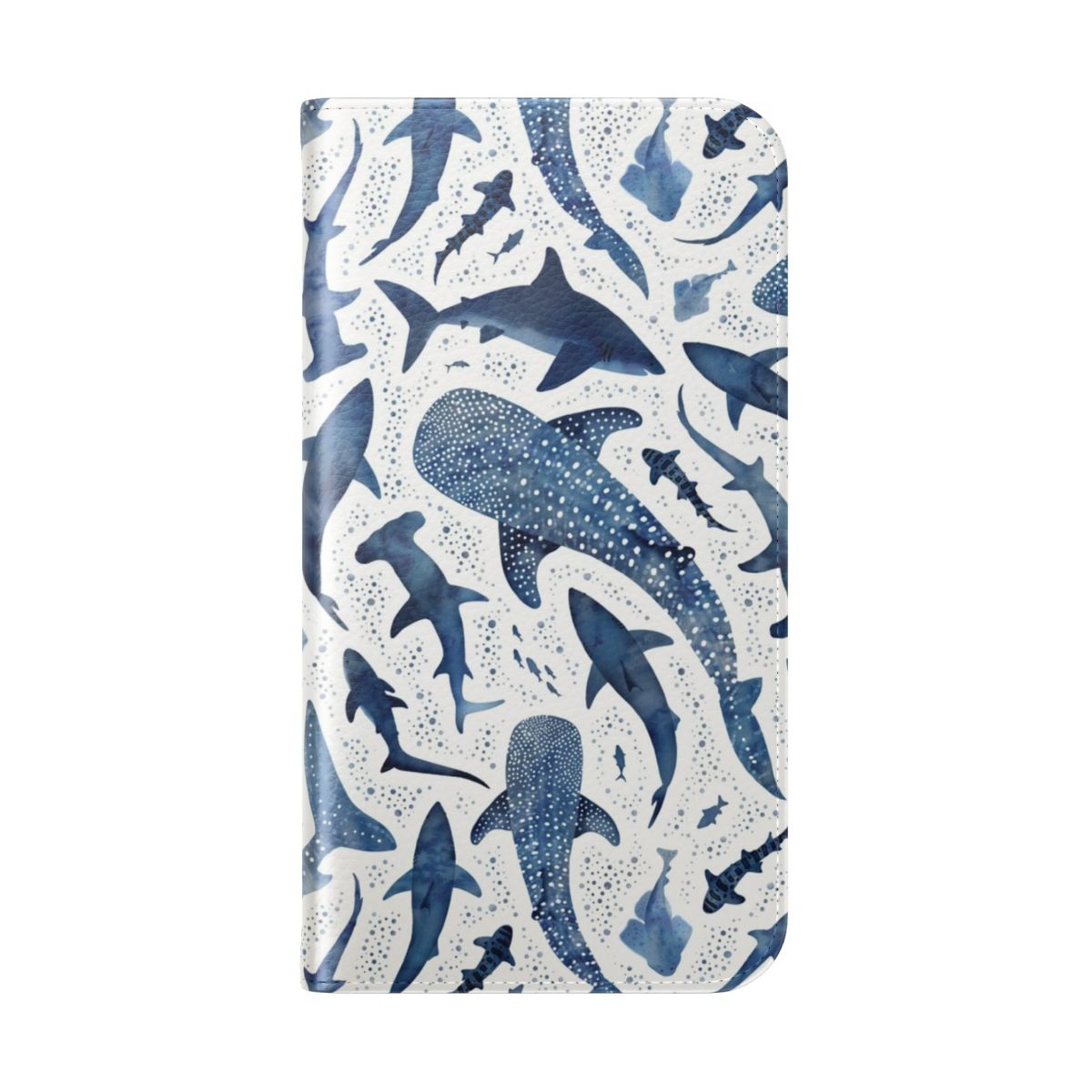 Vibrant blue watercolor painting of a shark swimming in the ocean on a white phone case - Folded Back