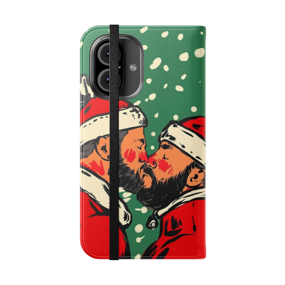 Two bearded men in Santa hats kissing with snow in the background on a flip phone case - Folded Front