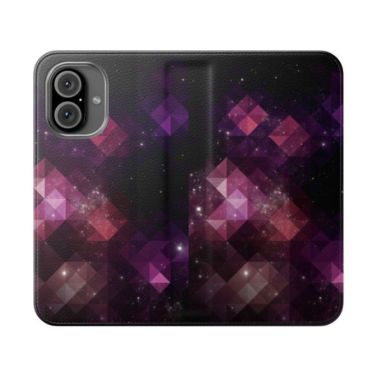 Space-themed geometric pattern phone case with flip cover