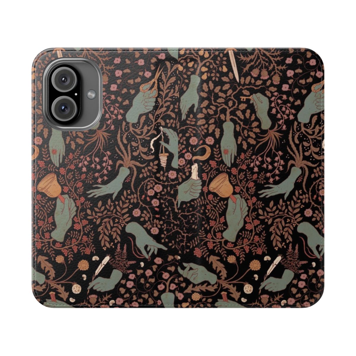 Flip cover phone case with a captivating hand pattern, perfect for a gothic or supernatural style.