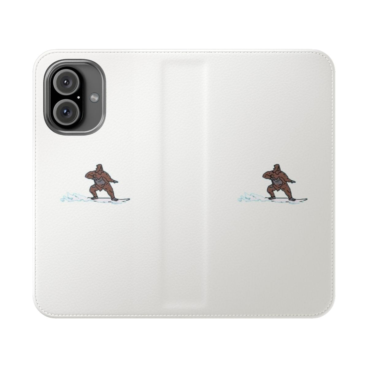 Colorful flip phone case featuring a surfing sasquatch design