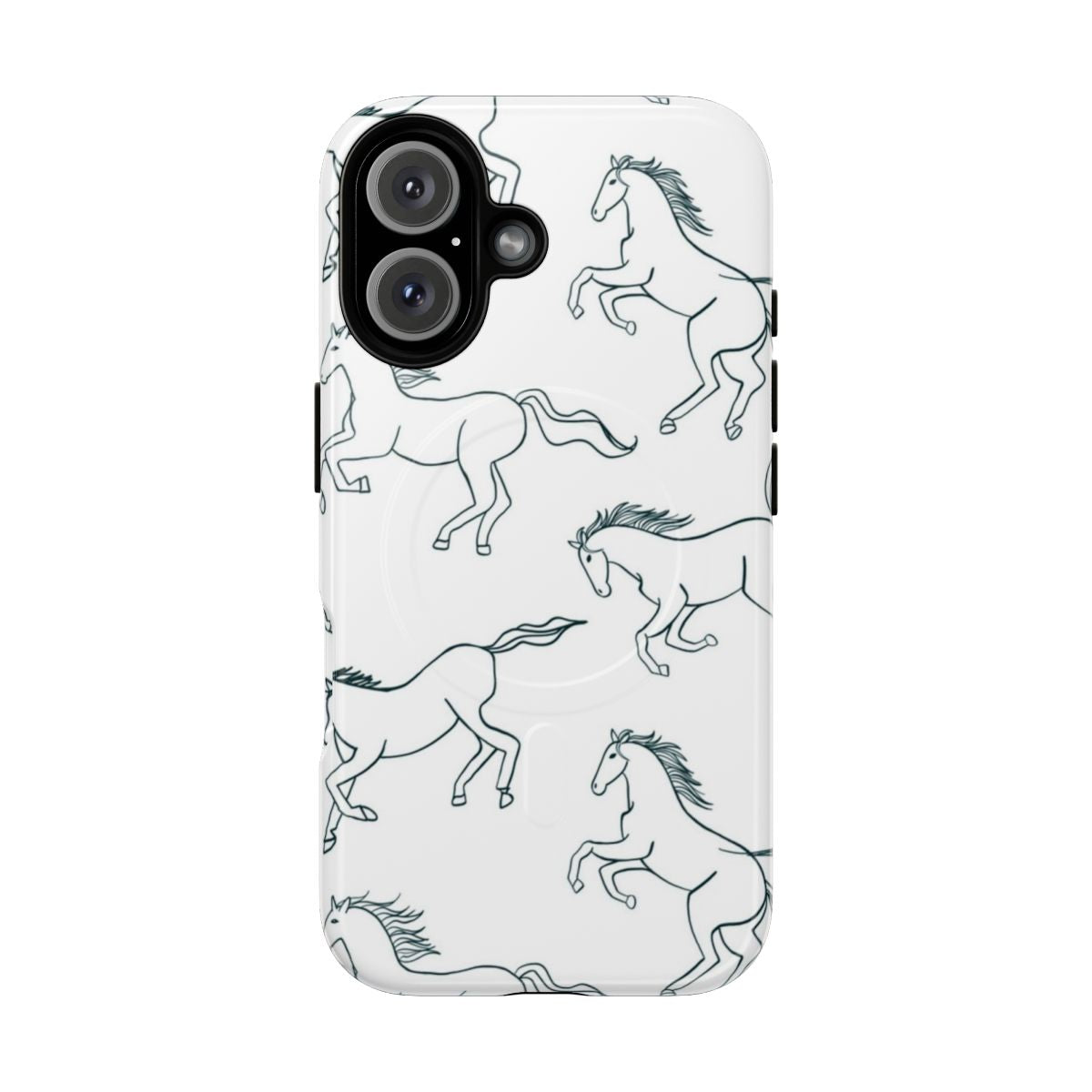 Digitally drawn black and white line art pattern featuring wild horses.