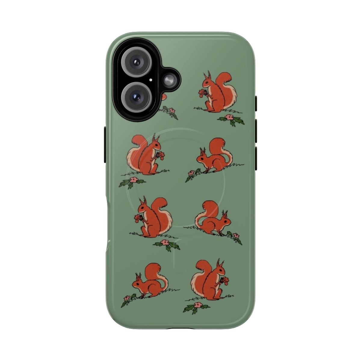 A magnetic phone case featuring a vibrant illustration of playful squirrels in a lush, floral forest setting.