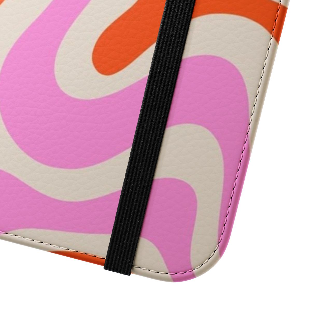 Retro abstract swirl pattern in vibrant pink, orange, and cream colors on a phone case - Close Up